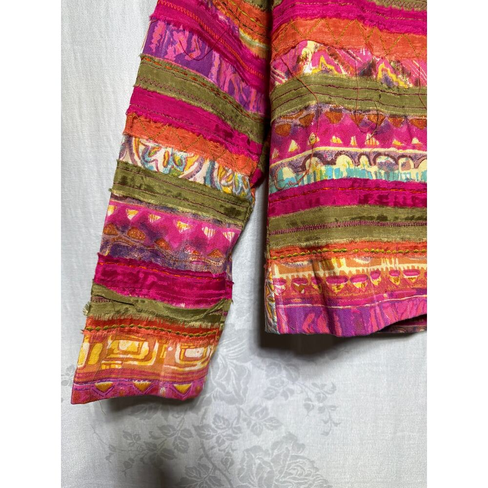 VTG Coldwater Creek Jacket Small PETITE Pink Orange NEW Stripe Applique Artsy - Picture 2 of 7